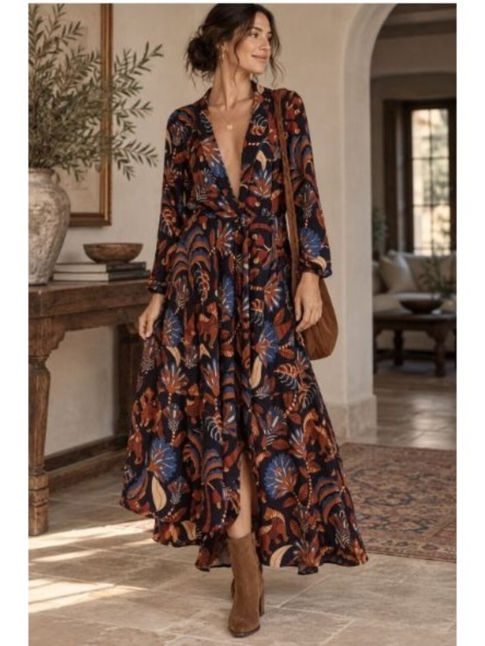 Farm Rio Faux Wrap Maxi Dress Tiger Jungle Floral Animal Print Boho L Art Fairy
